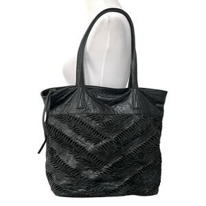 Day & Mood Ebony Black Leather Shoulder Tote Bag Purse Woven Twist Detail